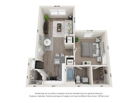 Floor plan for 1 bed, 1 bath, 612 sqft